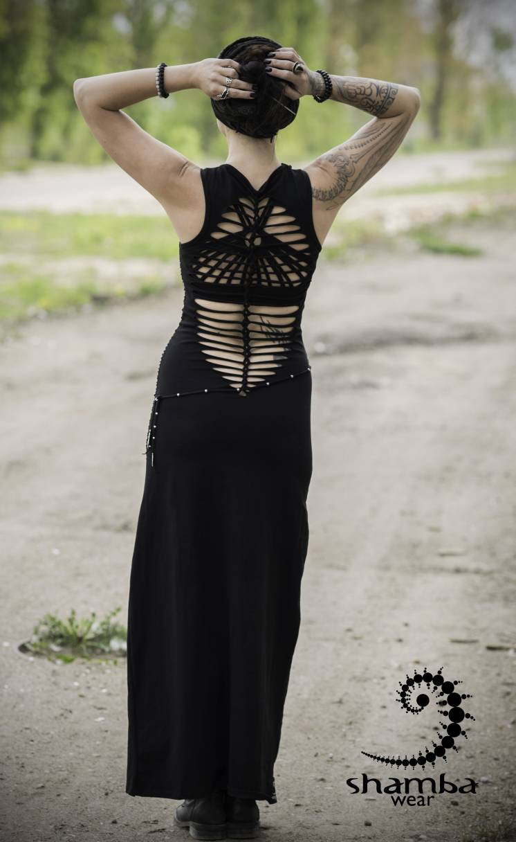 Black Bohemia dress~long dress,slashed,open back,cutout,braided,festival fashion,burningman,alternative wear,bohemian,handmade and unique~