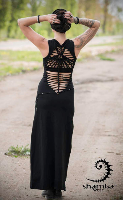 Black Bohemia dress~long dress,slashed,open back,cutout,braided,festival fashion,burningman,alternative wear,bohemian,handmade and unique~