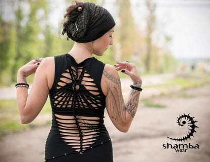 Black Bohemia dress~long dress,slashed,open back,cutout,braided,festival fashion,burningman,alternative wear,bohemian,handmade and unique~