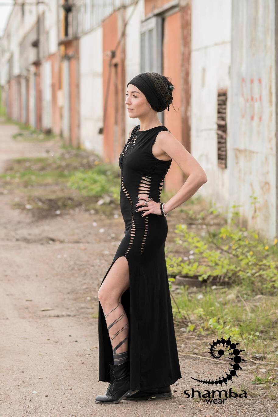 Black Bohemia dress~long dress,slashed,open back,cutout,braided,festival fashion,burningman,alternative wear,bohemian,handmade and unique~