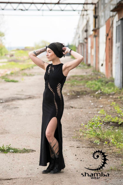 Black Bohemia dress~long dress,slashed,open back,cutout,braided,festival fashion,burningman,alternative wear,bohemian,handmade and unique~