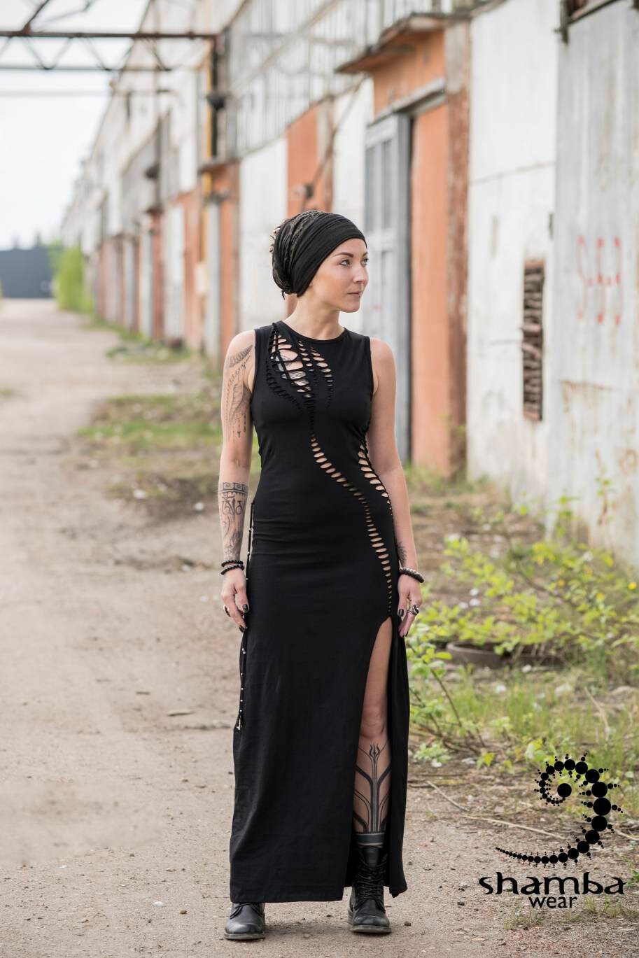Black Bohemia dress~long dress,slashed,open back,cutout,braided,festival fashion,burningman,alternative wear,bohemian,handmade and unique~
