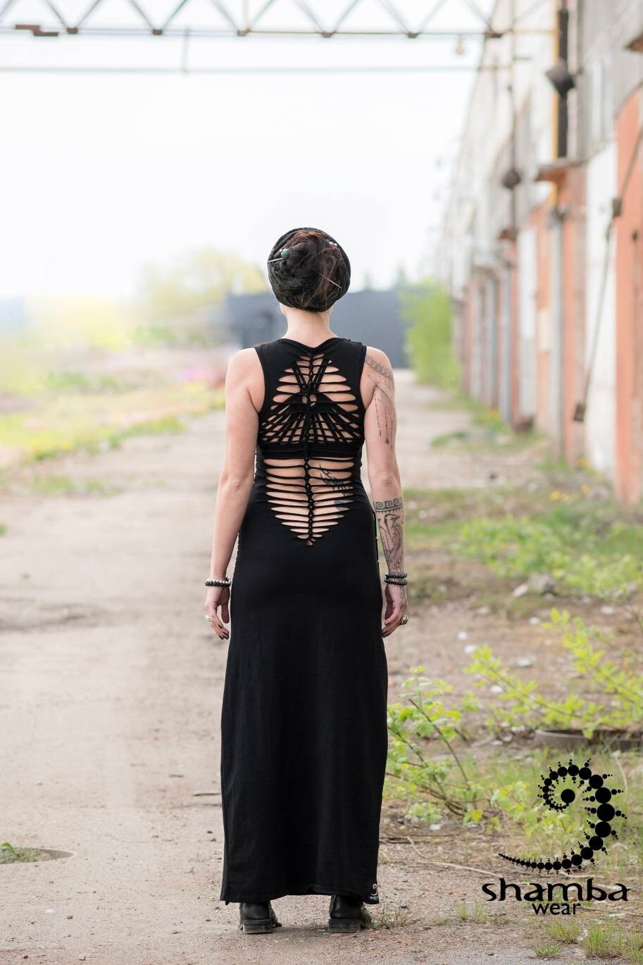 Black Bohemia dress~long dress,slashed,open back,cutout,braided,festival fashion,burningman,alternative wear,bohemian,handmade and unique~