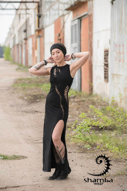 Black Bohemia dress~long dress,slashed,open back,cutout,braided,festival fashion,burningman,alternative wear,bohemian,handmade and unique~